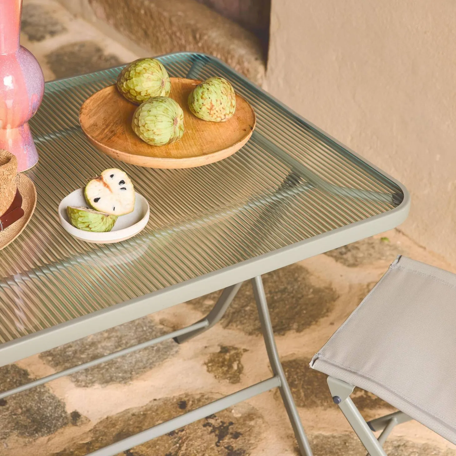 Set mesa de jardín plegable de textileno y acero con 4 sillas
