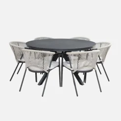 Set mesa de jardín redonda de aluminio y vidrio, 6 plazas
