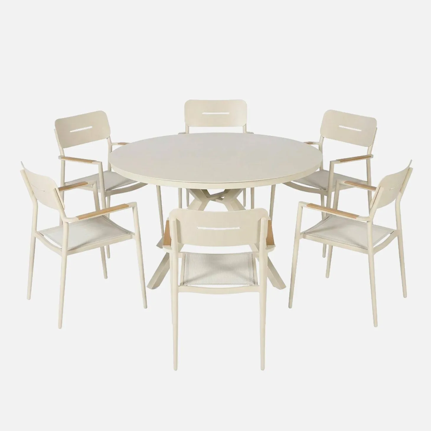 Set mesa de jardín redonda de aluminio y vidrio con 6 sillas