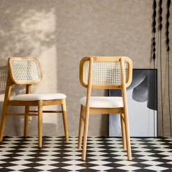 Silla bohemia de madera de hevea y rejilla, set de 2