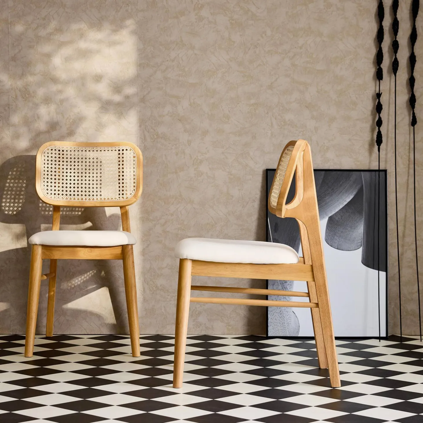 Silla bohemia de madera de hevea y rejilla, set de 2