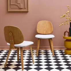 Silla curvada de madera y borreguito, set de 2