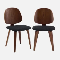 Silla curvada de madera y borreguito, set de 2