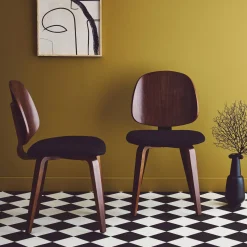 Silla curvada de madera y borreguito, set de 2