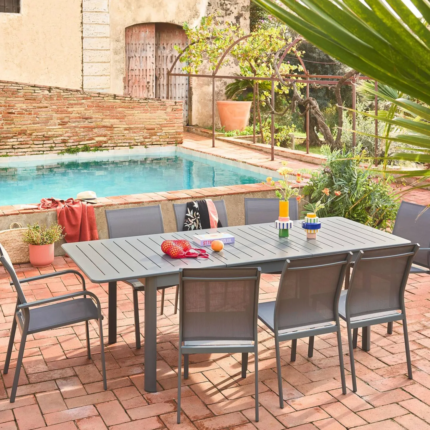 Silla de jardín apilable de aluminio y textilene, set de 2