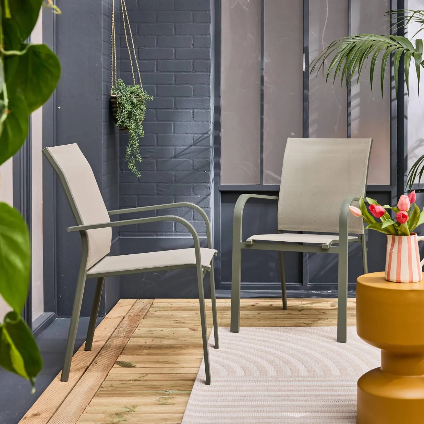 Silla de jardín apilable de aluminio y textileno, set de 2