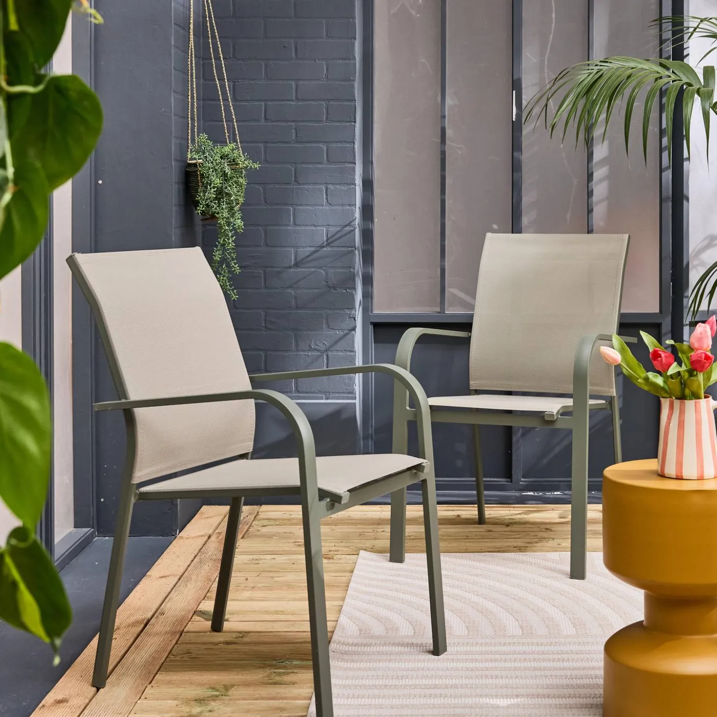 Silla de jardín apilable de aluminio y textileno, set de 2