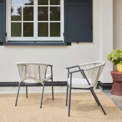 Silla de jardín apilable de acero y cuerdas, set de 2