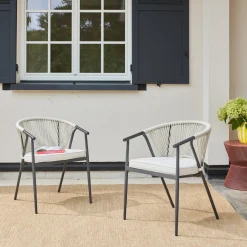 Silla de jardín apilable de acero y cuerdas, set de 2
