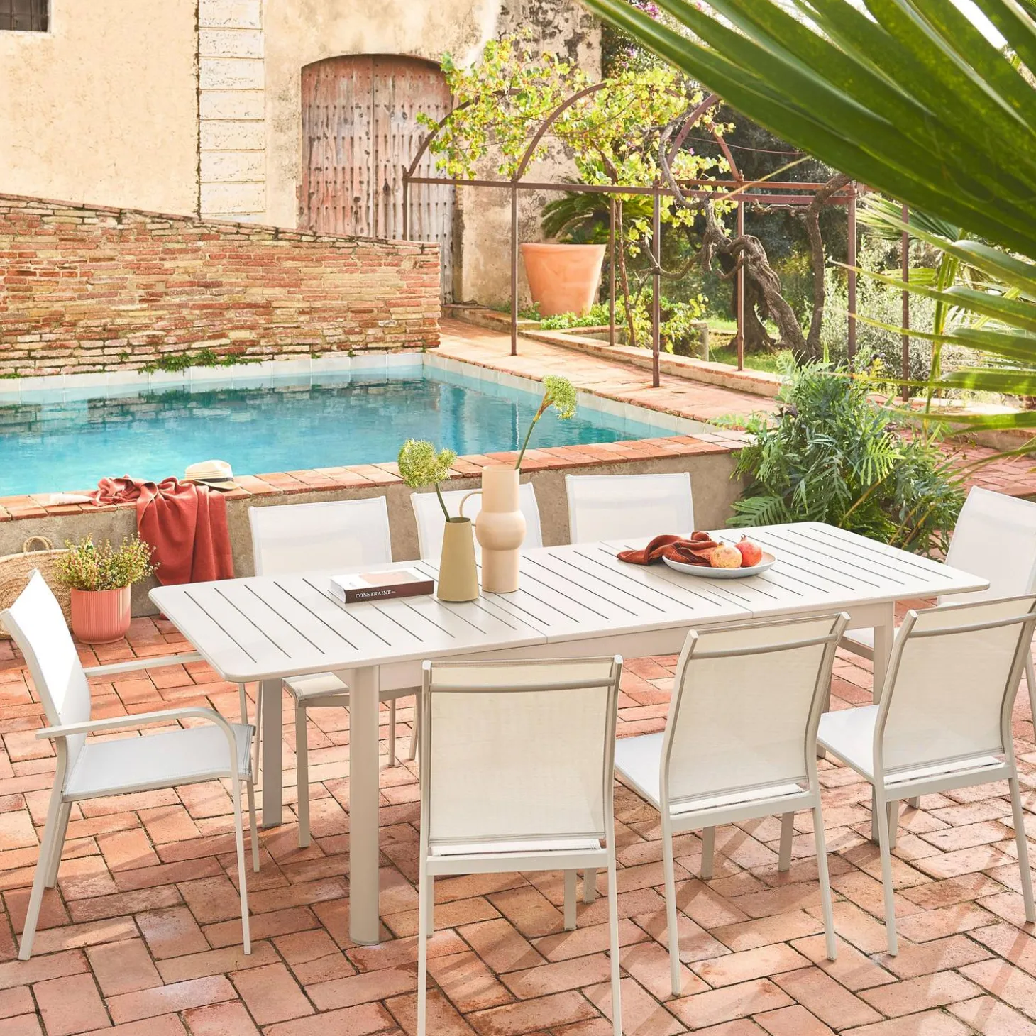 Silla de jardín apilable de aluminio y textilene, set de 4