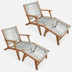 Silla de jardín de madera y cuerda con reposapiés, set de 2