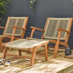 Silla de jardín de madera y cuerda con reposapiés, set de 2