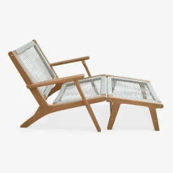 Silla de jardín de madera y cuerda con reposapiés, set de 2
