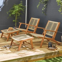 Silla de jardín de madera y cuerda con reposapiés, set de 2