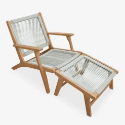 Silla de jardín de madera y cuerda con reposapiés