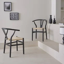 Silla de madera con asiento de cuerda, set de 2
