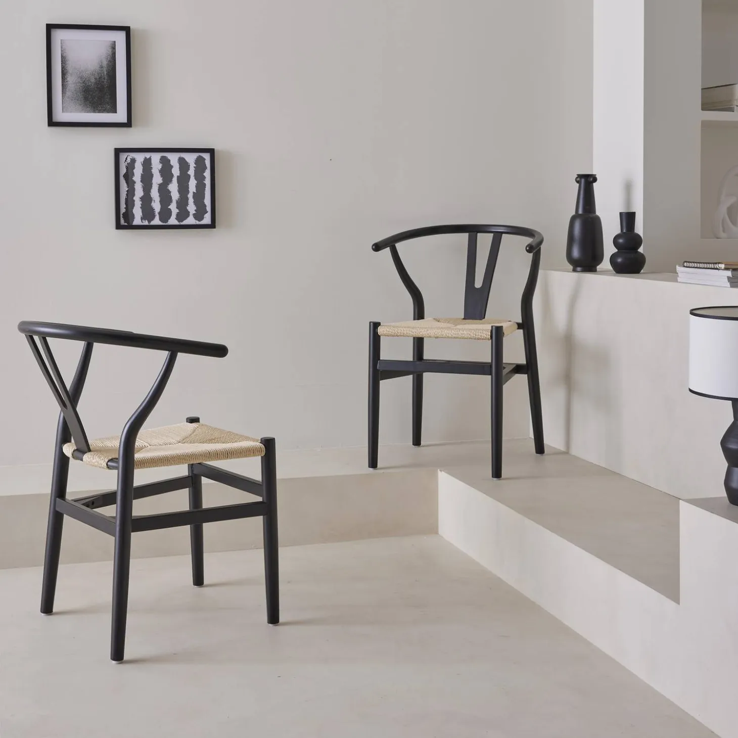 Silla de madera con asiento de cuerda, set de 2