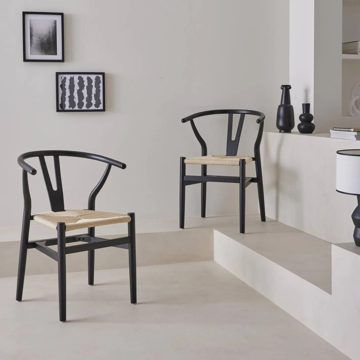Silla de madera con asiento de cuerda, set de 2