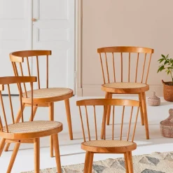 Silla de madera y caña, set de 4