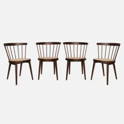 Silla de madera y caña, set de 4