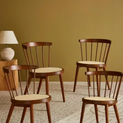 Silla de madera y caña, set de 4