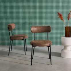 Silla de metal y polipiel marrón, set de 2