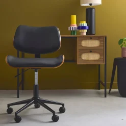 Silla de oficina con ruedas, madera curvada y acabado en polipiel