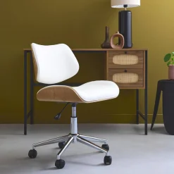 Silla de oficina con ruedas, madera curvada y acabado en polipiel