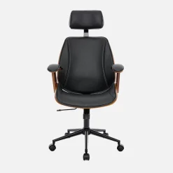 Silla de oficina con ruedas, madera curvada y acabado en polipiel