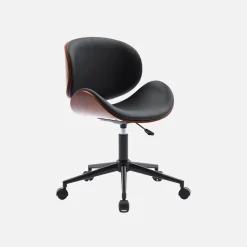 Silla de oficina con ruedas, madera curvada y acabado en polipiel