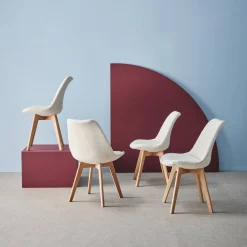 Silla escandinava de madera de haya y borreguito texturizada, set de 4