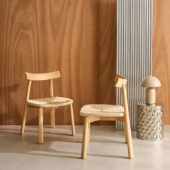 Silla escandinava de madera de hevea con asiento de cuerda, set de 2