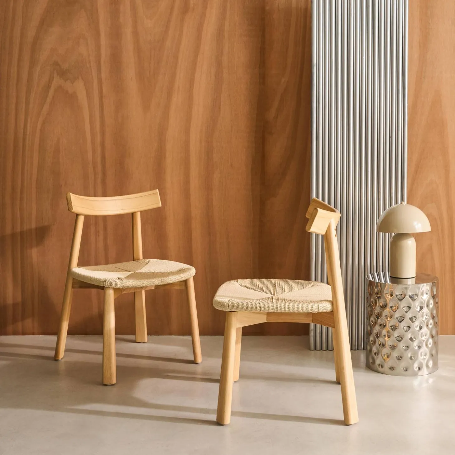 Silla escandinava de madera de hevea con asiento de cuerda, set de 2