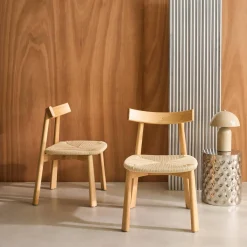 Silla escandinava de madera de hevea con asiento de cuerda, set de 2