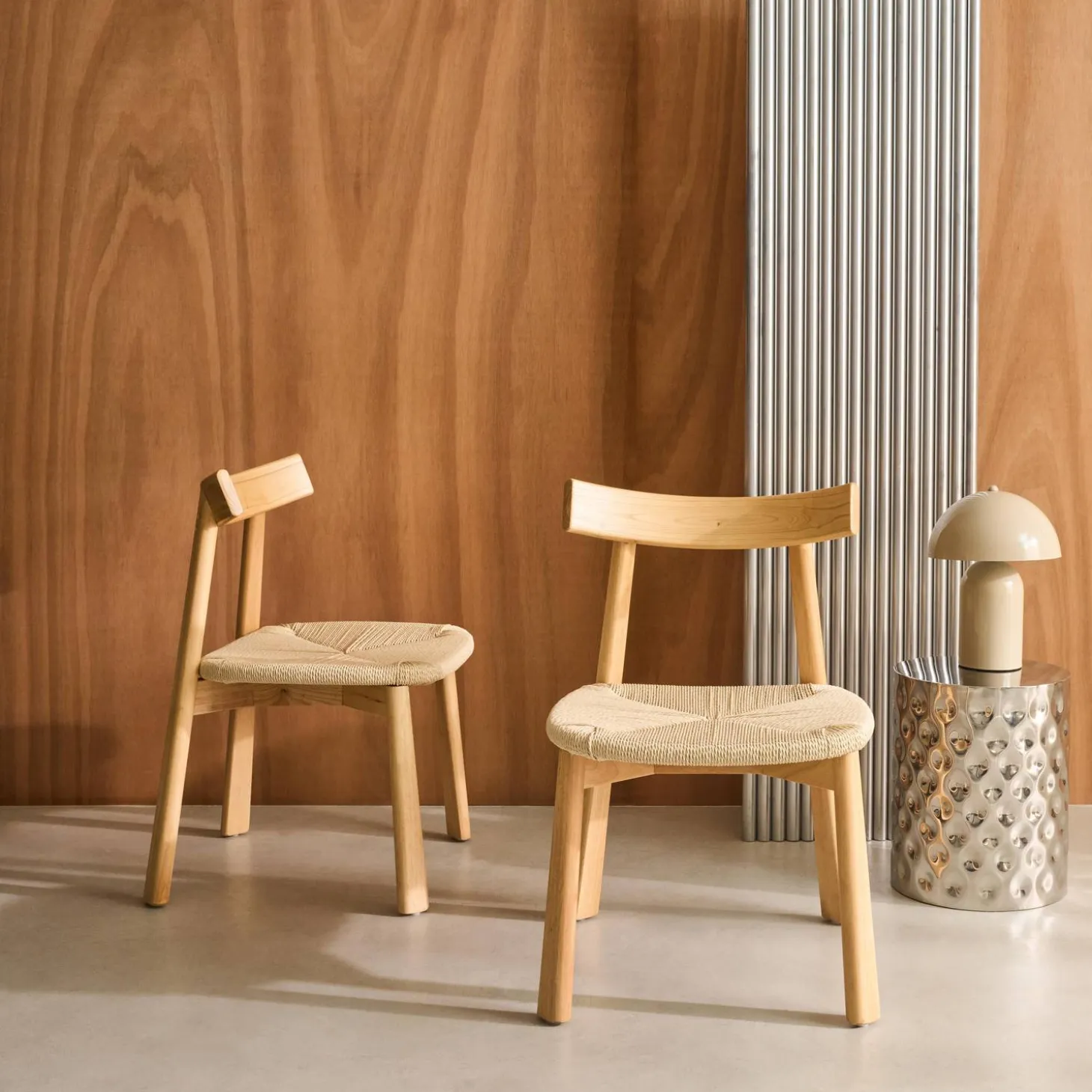 Silla escandinava de madera de hevea con asiento de cuerda, set de 2