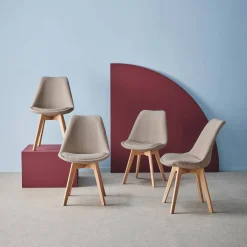 Silla escandinava de madera de haya y borreguito texturizada, set de 4