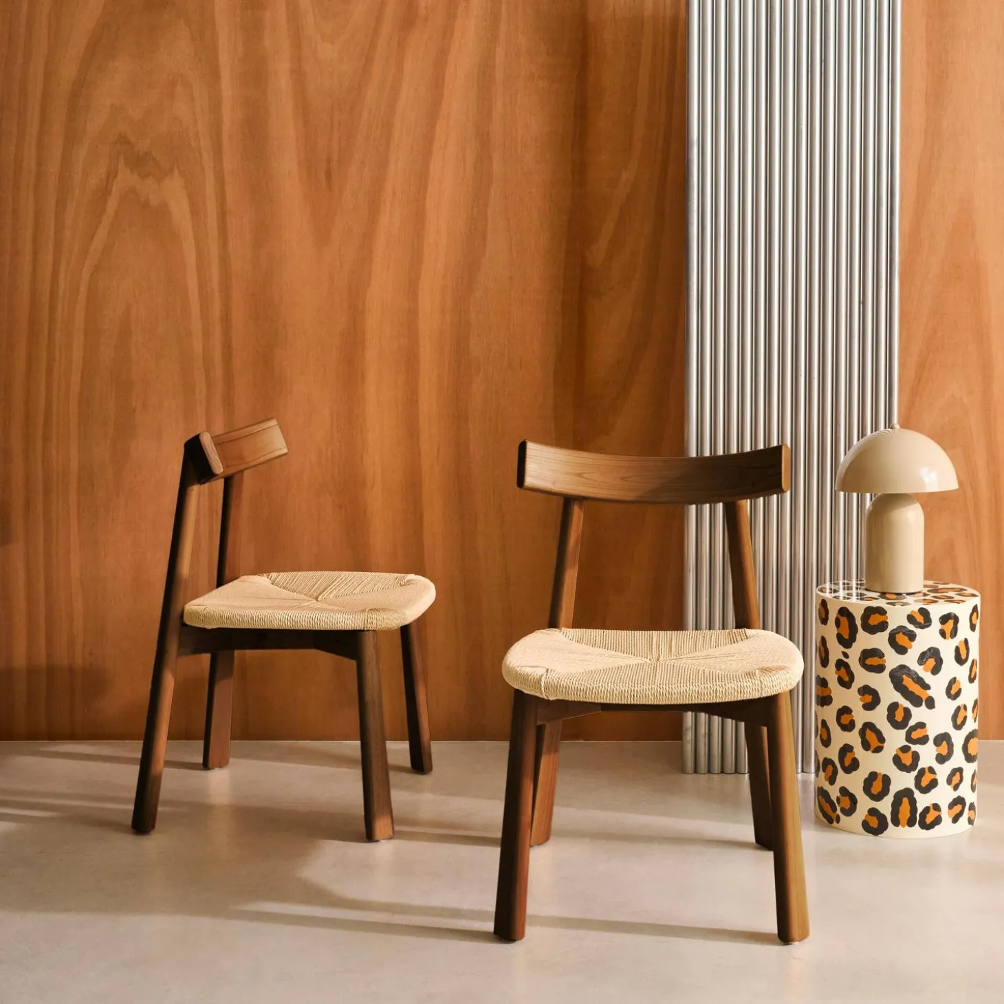Silla escandinava de madera de hevea con asiento de cuerda, set de 2