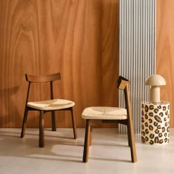 Silla escandinava de madera de hevea con asiento de cuerda, set de 2
