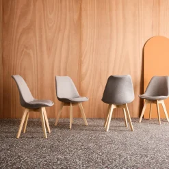 Silla escandinava de madera de haya y tela simple, set de 4