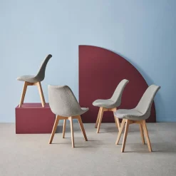 Silla escandinava de madera de haya y borreguito texturizada, set de 4