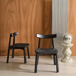 Silla escandinava de madera de hevea con asiento de cuerda, set de 2