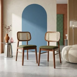 Silla vintage de madera de hevea y rejilla, set de 2