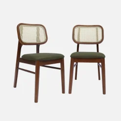 Silla vintage de madera de hevea y rejilla, set de 2