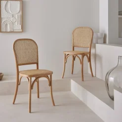 Silla vintage de madera y ratán, set de 2