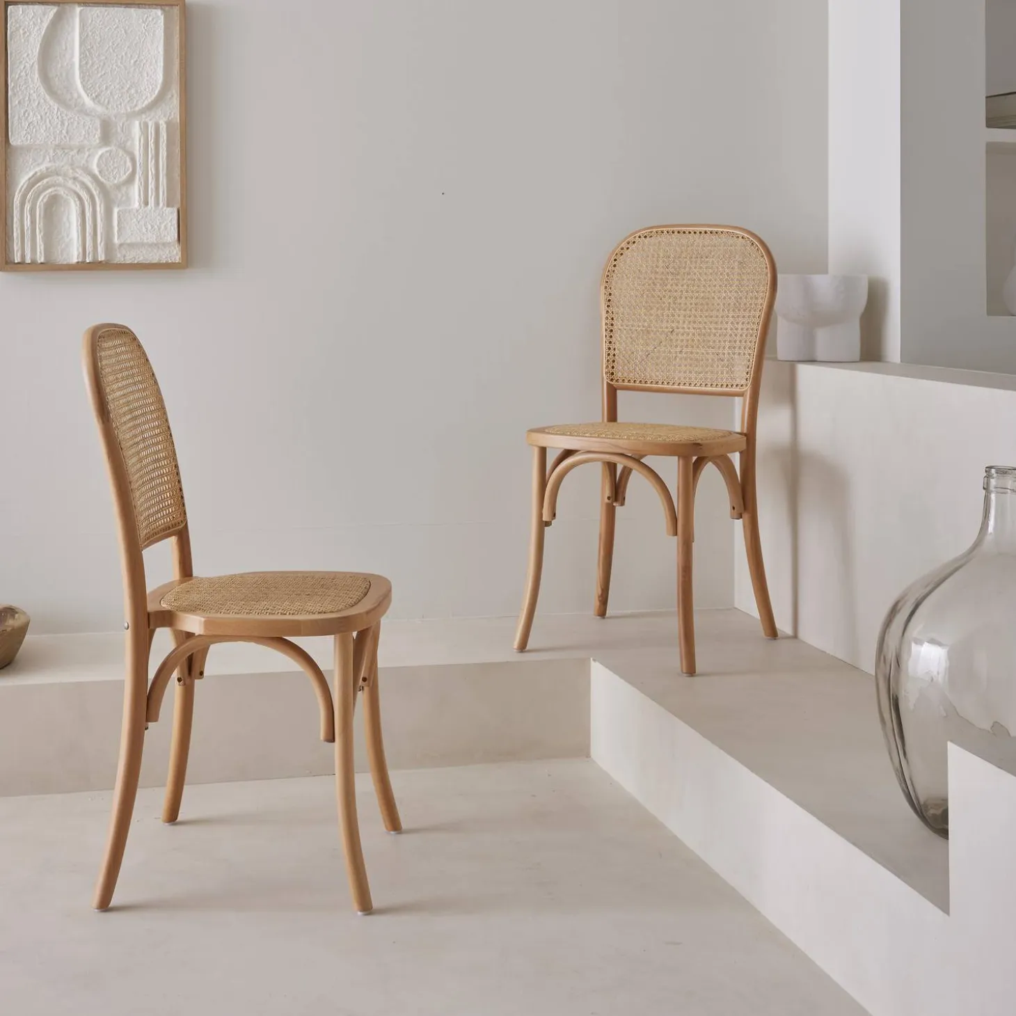 Silla vintage de madera y ratán, set de 2