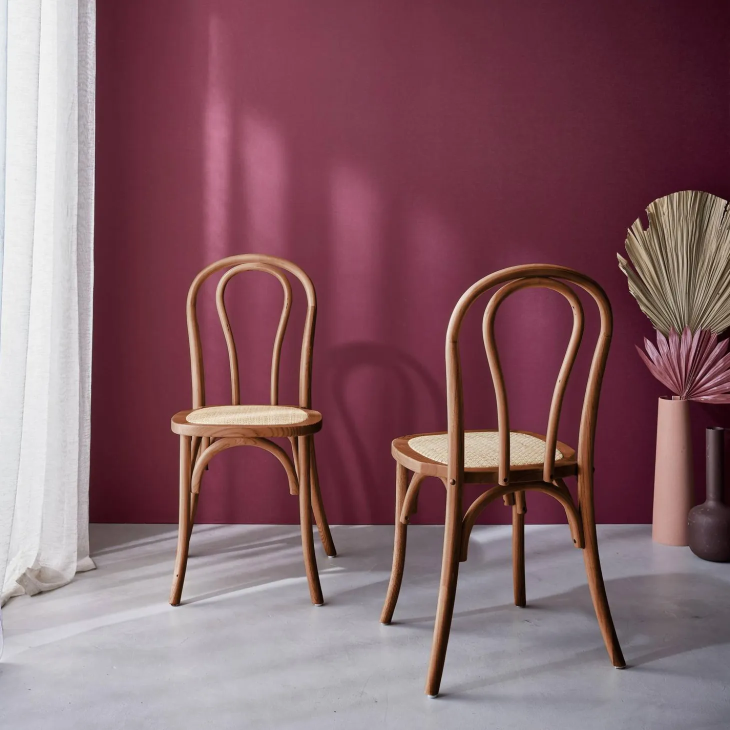 Silla vintage de madera y ratán, set de 2