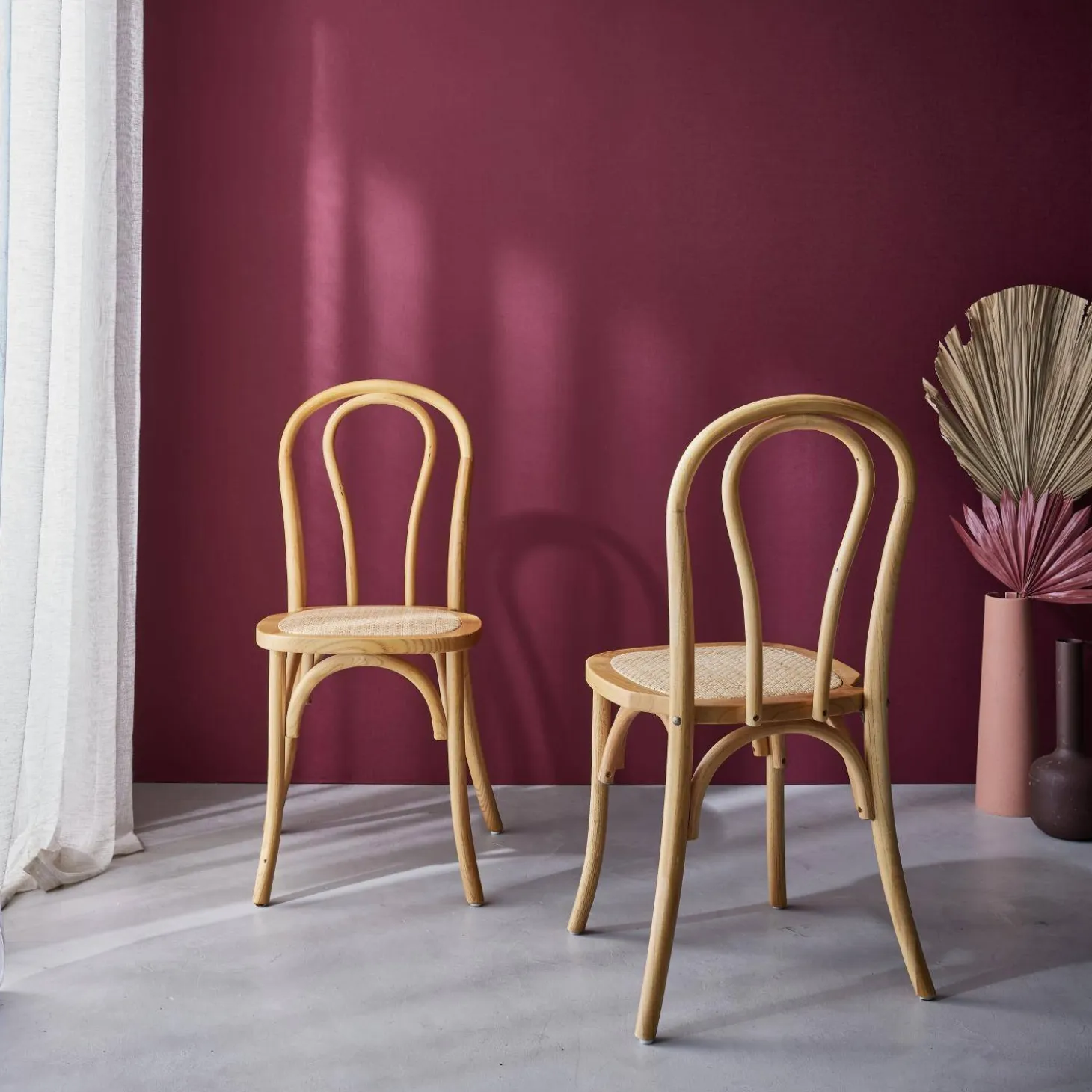 Silla vintage de madera y ratán, set de 2
