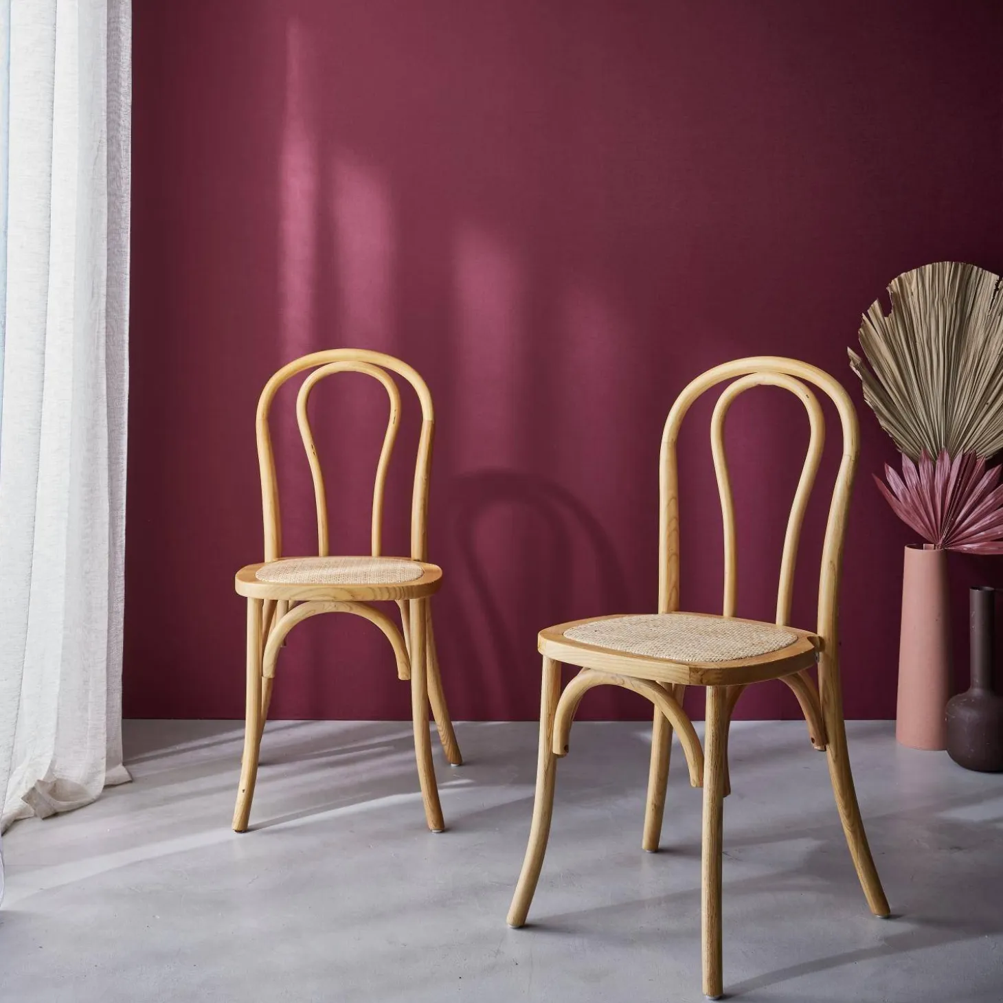 Silla vintage de madera y ratán, set de 2