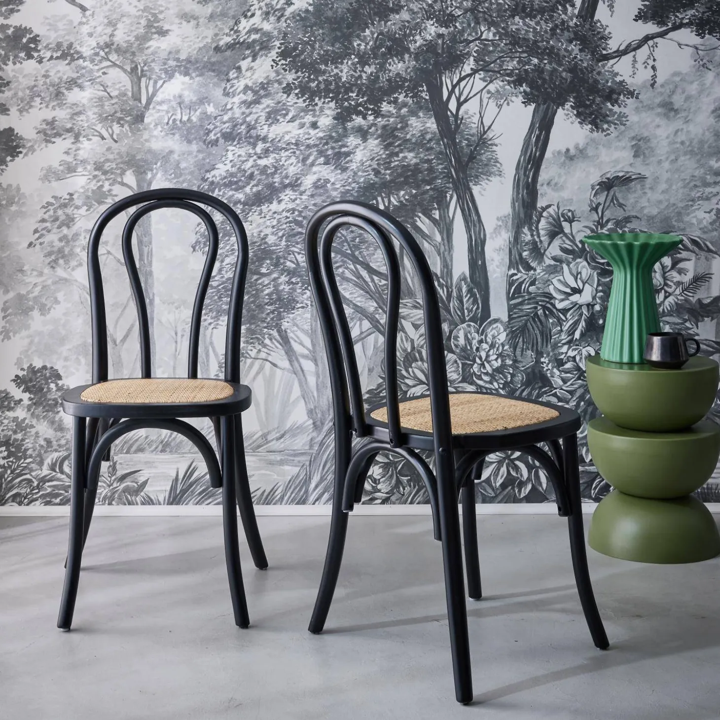 Silla vintage de madera y ratán, set de 2