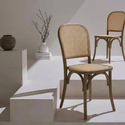 Silla vintage de madera y ratán, set de 2